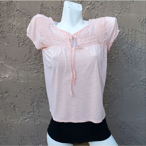 American Eagle Peach Swiss Dot Embellished Cap Sleeve Top - Picture 10 of 12